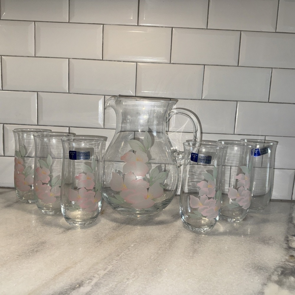 PASABAHCE TURKISH Glass Ice Lip Pitcher and 6 Glasses Pink FlowerMotif GW999 New